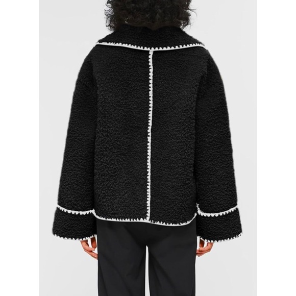 CHOUYATOU • Sherpa Fleece Jacket Casual Collar Fuzzy Coat Contrast Trims - Picture 5 of 8